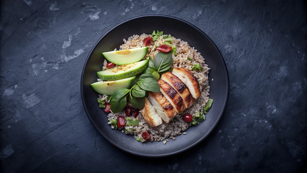 grilled-chicken-with-avocado-rice-black-plate